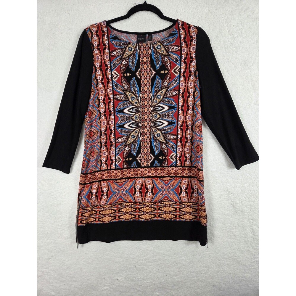 Rafaella‎ Tunic Top Womens S Black Multicolor Boho Geometric 3/4 Sleeve Indie
